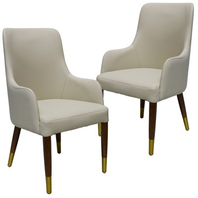 LeisureMod Viva Dining Armchair in Leather Upholstery with Gold Accent Wood Legs for Modern Kitchen and Home, Set of 2