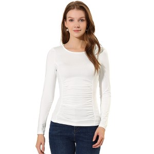 Allegra K Women's Round Neck Long Sleeves Ruched Casual Fitted Top - 1 of 4