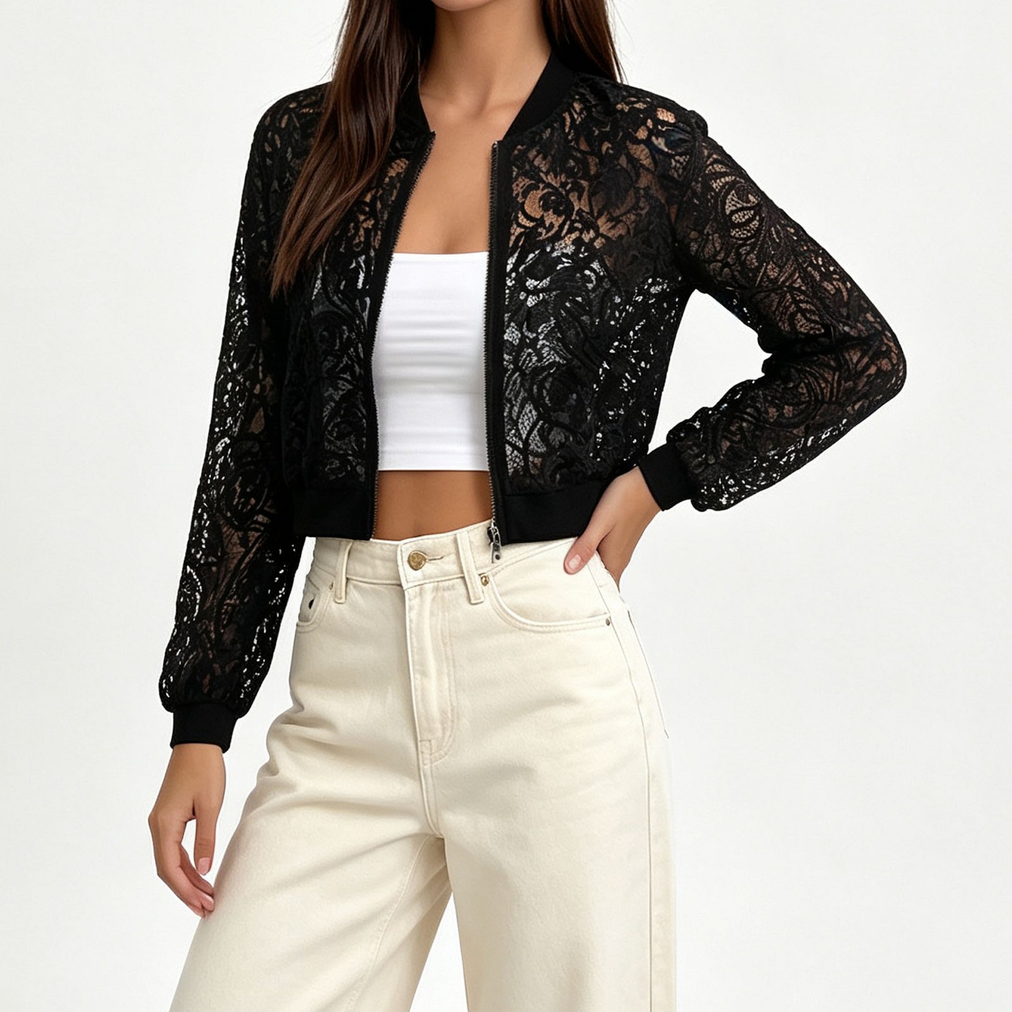 Женская куртка YesFashion Hollow Lace Cropped Bomber Jacket, Zip-Up Stand Collar Slim Long Sleeve Light Outerwear Black, цвет: Чёрный — фото 3