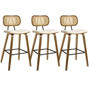 Bekrvio 26" Mid Century Modern Counter Height Bar Stools - Rattan Cane Back, Wood, PU Leather Upholstered for Kitchen Island Dining - 1 of 4