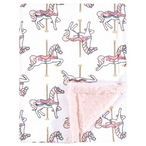 Hudson Baby Infant Girl Plush Blanket with Furry Binding and Back, Carousel Horse, One Size - 1 of 2