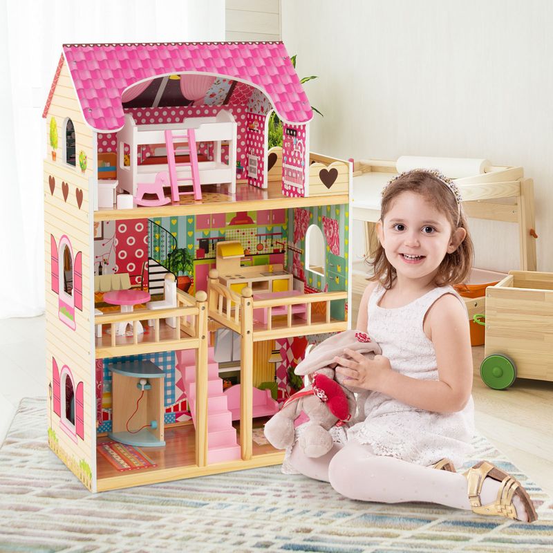 Costway Wooden Dollhouse for Kids Doll House Playset with 3 Stories 6 Simulated Rooms & 15 Pieces of Furniture, 3 of 10