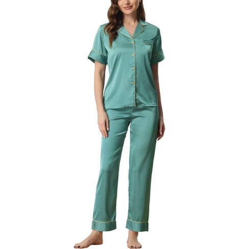 cheibear Women's Satin Sleepwear Short Sleeve Button Down T-Shirt with  Pants Couple Pajama Sets Green Medium
