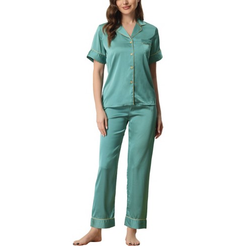 Cheibear Women's Satin Sleepwear Short Sleeve Button Down T-shirt With  Pants Couple Pajama Sets Green Small : Target