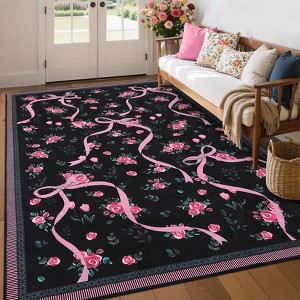 Floral Rugs for Living Room Bedroom Washable Bow Pattern Area Rug Non Slip Low Pile Indoor Home Decor Carpet - 1 of 4