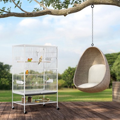 White 52'' Rolling Steel Bird Cage with Perches and Storage