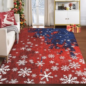 Christmas Snow Print Washable Area Rug - Blue/Red Low-Pile Non-Slip Soft Carpet for Living Room, Bedroom, Classroom, Office, Nursery - 1 of 4