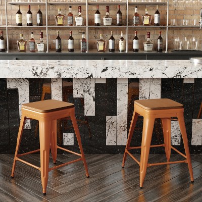 Kai 24" Orange Metal Counter Stool with Teak Poly Resin Seat