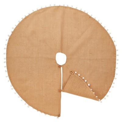 Natural Jute Christmas Tree Skirt with White Pom Poms