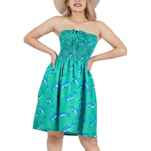 LA LEELA Women's House Daily Routine Evening Wear Vacation Flowy Backless Backless Dress Smocked Strapless Swing Tube Dress One Size Green, Fish - 1 of 4