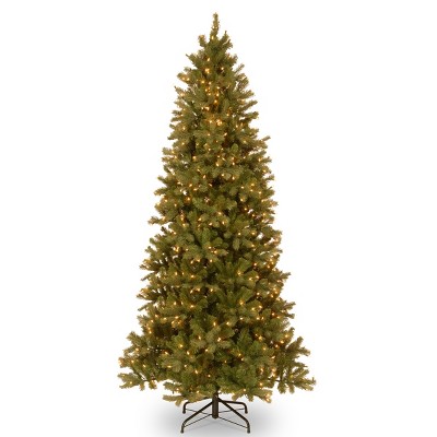 National Tree Company Pre-lit 'Feel Real' Artificial Slim Downswept Christmas Tree, Green, Douglas Fir, White Lights, Includes Stand, 9ft