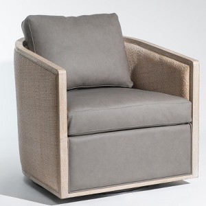 KINWELL 100% Top Grain Genuine Leather Oak Frame Rattan Swivel Barrel Armchair - 1 of 4