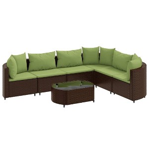 vidaXL Patio Sofa Set with Cushions Lounge Setting Outdoor Furniture Poly Rattan - Brown and Green 7 Piece - 1 of 4