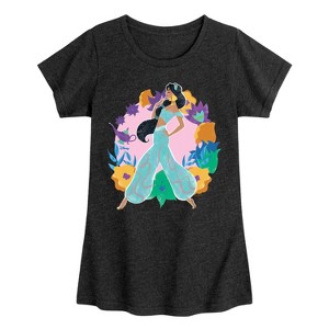 Girls' - Disney Princess - Jasmine with Florals Fitted Short Sleeve Graphic T-Shirt - 1 of 4