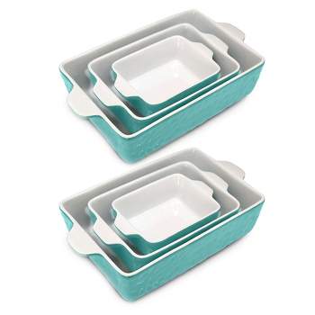 NutriChef NCCREX3 Rectangular Ceramic Stackable 3 Piece Nonstick Stain Resistant Oven and Microwave Safe Kitchen Bakeware Pan Set, Aqua (2 Pack)