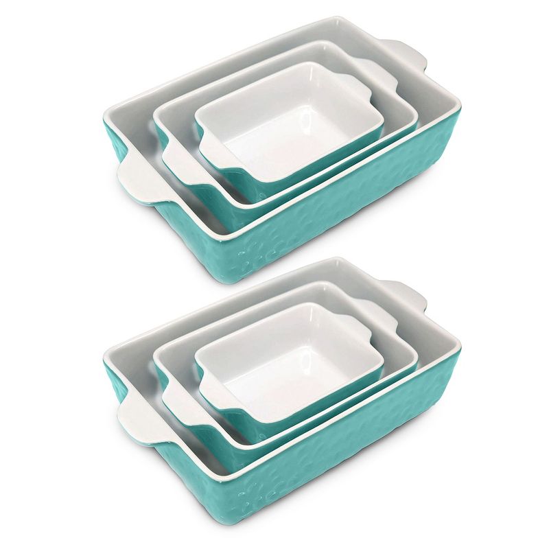 NutriChef NCCREX3 Rectangular Ceramic Stackable 3 Piece Nonstick Stain Resistant Oven and Microwave Safe Kitchen Bakeware Pan Set, Aqua (2 Pack), 1 of 7