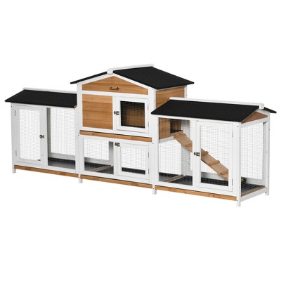 PawHut 90.5" Wooden Rabbit Hutch Bunny Cage Pet Playpen House Enclosure with Double Run, No Leak Tray, Ramp, for Guinea Pig and Small Animals
