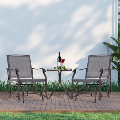Gray and Brown Metal Outdoor Rocking Chair Set with Glass Table