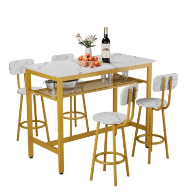 white gold 5-Piece Kitchen Counter Height Table Set, Bar Table with 4 Chairs