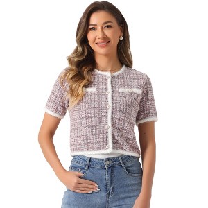 Allegra K Women's Tweed Knit Crew Neck Short Sleeve Cropped Casual Cardigan Jackets - 1 of 4