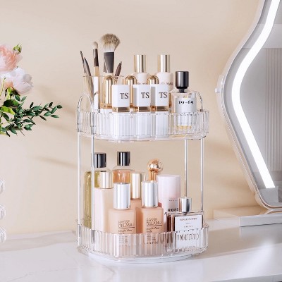 LunaLulinlk Rotating Makeup Organizer 2 Tier, High-Capacity Skincare Make up Storage Perfume Cosmetic Dresser Organizer Countertop 360 Spinning, Clear
