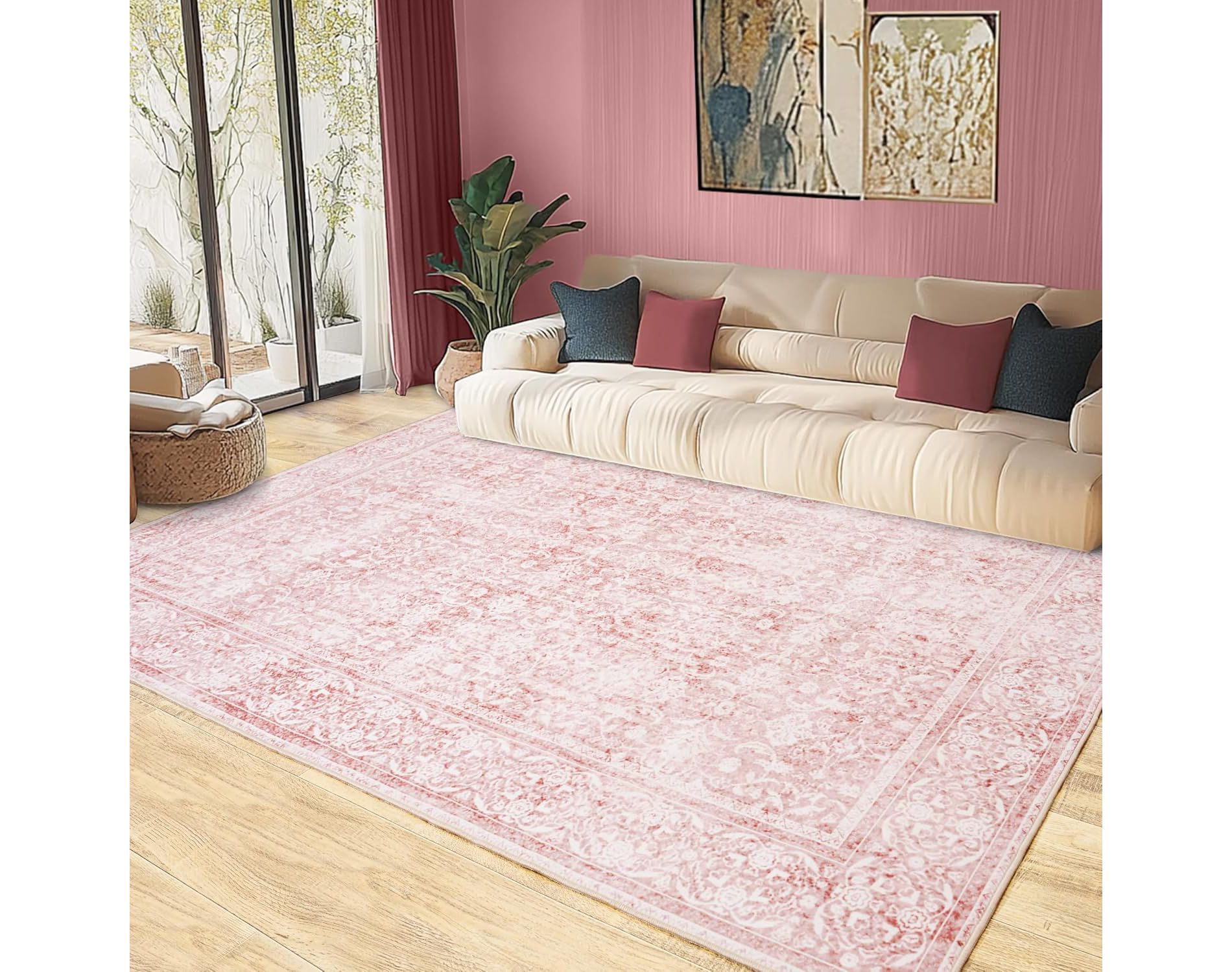 LOVEVOOK Vintage Floral Area Rug For Living Room, Washable Floral Printed Rug Soft Indoor Rug For Bedroom Dining Room Office Non Slip Carpet