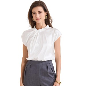 INSPIRE CHIC Women's Satin Cap Sleeve Pleated Neck Casual Office Blouse - 1 of 4