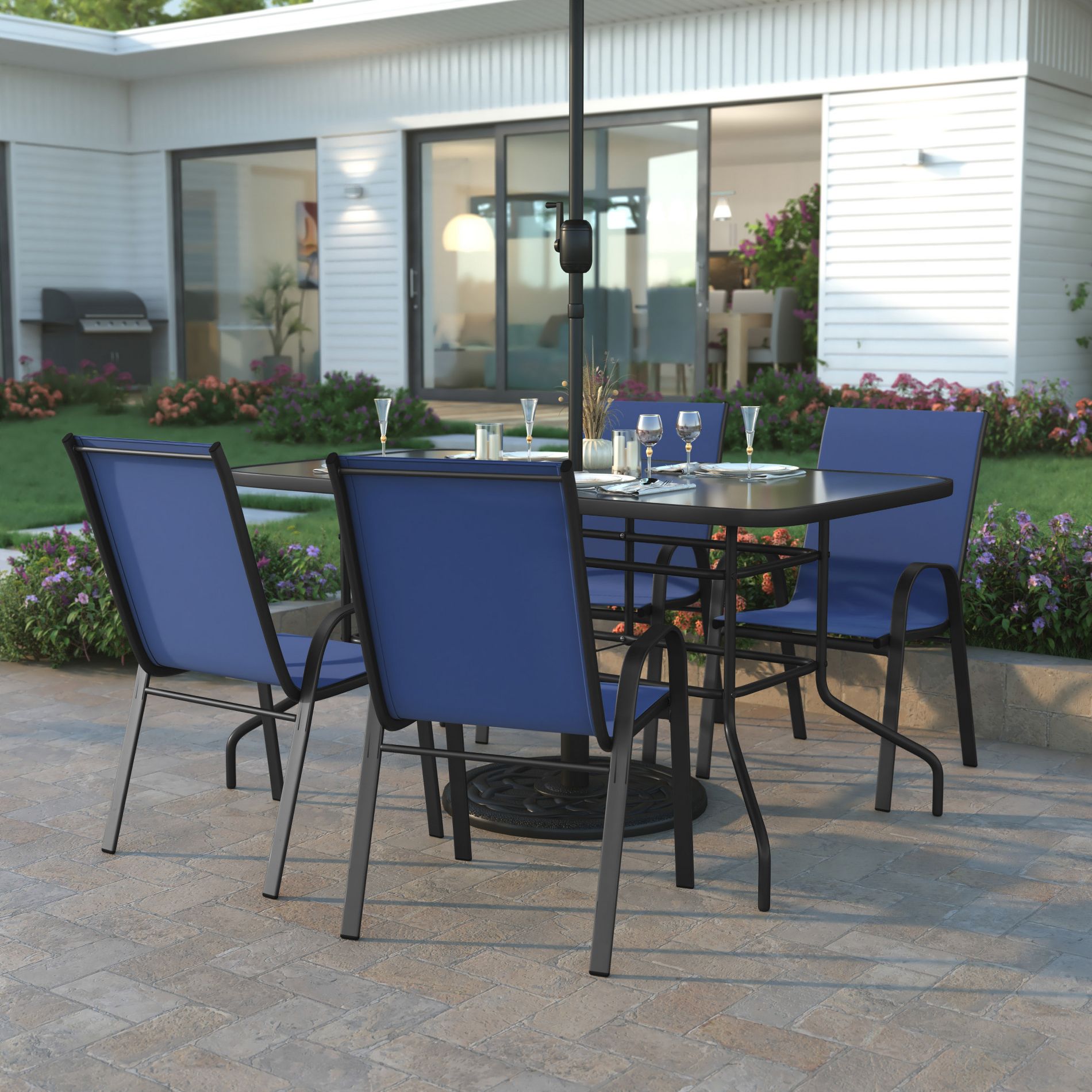 Emma and Oliver Five Piece Patio Table Set with 31.5" x 55" Metal Table with Tempered Glass Top and 4 Navy Flex Comfort Stacking Chairs