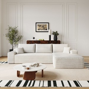 107 inch Plush Corduroy Fabric White Cloud Sectional Couch with L-Shape Chaise Modern Modular Sofa with Deep Seat - 1 of 4