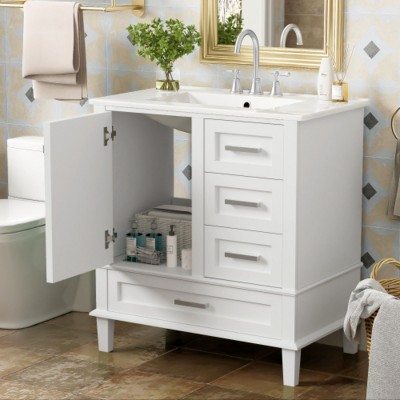 Bathroom Vanity with Sink Combo, Solid Wood Freestanding Cabinet with Drawers & Soft-Close Doors, Modern Storage Vanity Set-Maison Boucle