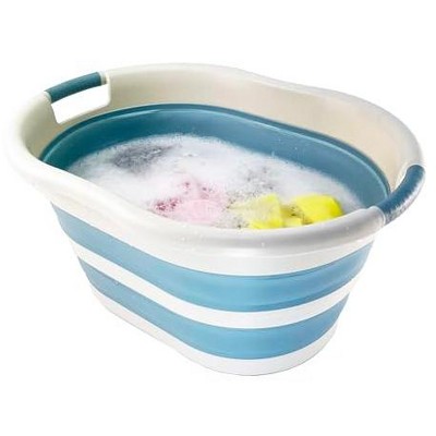 Grey and Blue Collapsible Plastic Laundry Basket with Handles