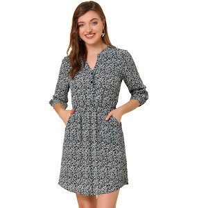Allegra K Women's Button Front Floral Print Split Neck 3/4 Sleeves Mini Dresses - 1 of 4