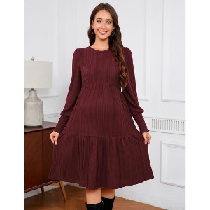 Maternity Smocked Cuff Dress Casual Ribbed Knit Bell Sleeve Midi Dress for Pregnancy - 1 of 4