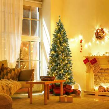 Costway 5FT/6FT/7FT/9FT Pre-Lit Christmas Tree Hinged Slim Pencil Xmas with 200/250/350/500 LED Lights & 408/618/818/1298 Tips