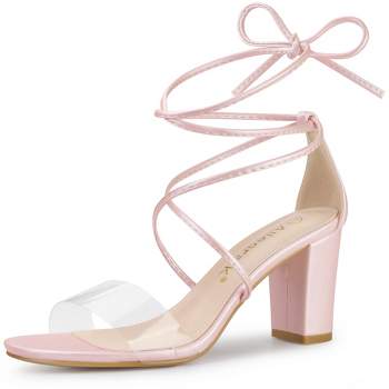 Allegra K Women's Strappy Straps Lace Up Chunky Heel Sandals Bling Pink ...