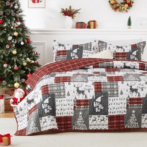 Christmas Quilt Set, Reversible Printed 3 Pieces Quilts Coverlet Bed Set Holiday Decorative Bedding, Soft Microfiber Fabric - 1 of 4