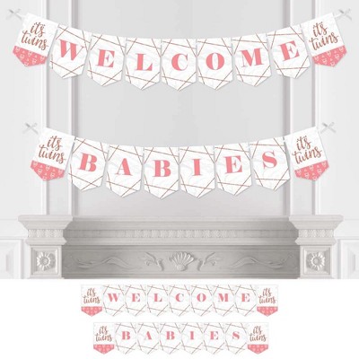Big Dot of Happiness It's Twin Girls - Pink and Rose Gold Twins Baby Shower Bunting Banner - Party Decorations - Welcome Babies