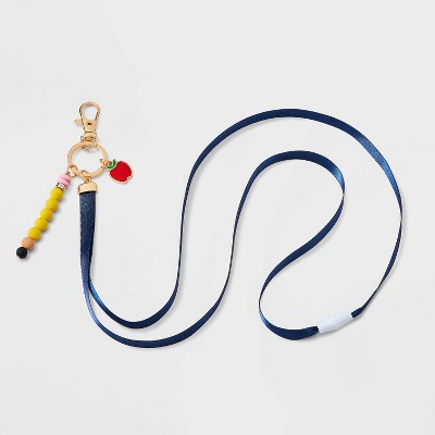 Teacher Pencil and Apple Charm Sparkle Lanyard - Multicolor