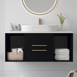 DOMETOUR 39.4'' Wall-Mounted Bathroom Vanity with Oval Ceramic Sink Multi-Layer Solid Wood Cabinet Soft-Close Drawers Open Shelf Storage - 1 of 4