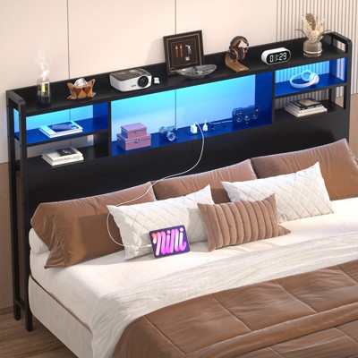 Aheaplus Headboard with Storage shelves and Charging Station, Wood Headboard with LED Light