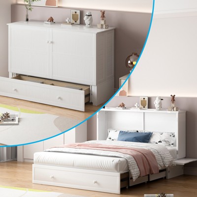 Mjkone Queen Murphy Bed Cabinet with Built-in Charging Station and Drawer,Trifold Mattress, Modern Murphy Cube Chest Bed
