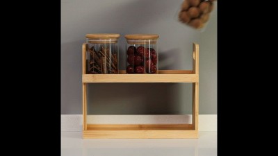 Natural Bamboo 3-Tier Spice Rack with Clear Glass Jars