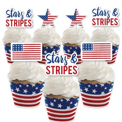 Big Dot of Happiness Stars & Stripes - Cupcake Decoration - Patriotic Party Cupcake Wrappers and Treat Picks Kit - Set of 24