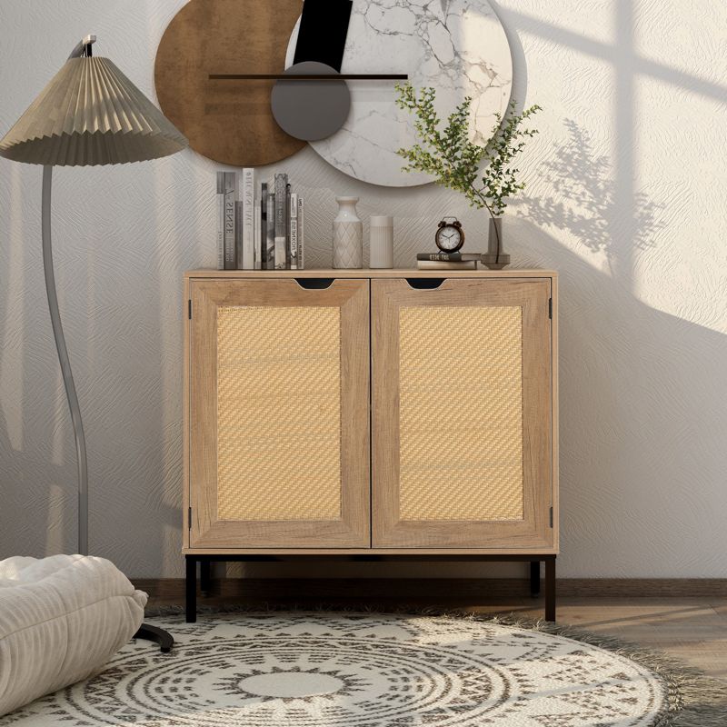 31.5" Rustic Accent Storage Cabinet with 2 Rattan Doors, Mid Century Wood Sideboard Storage Cabinet, Natural 4M - Modernluxe, 1 of 6