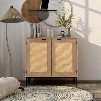 31.5" Rustic Accent Storage Cabinet with 2 Rattan Doors, Mid Century Wood Sideboard Storage Cabinet, Natural 4M - Modernluxe