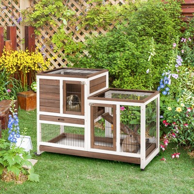 Brown and White Wooden Rabbit Hutch with Enclosed Run and Wheels