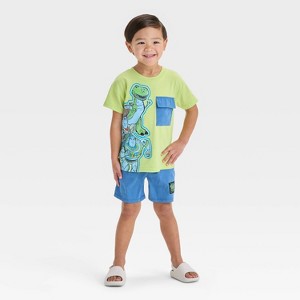 Toddler Boys' 2pc Disney Toy Story Woody Buzz Lightyear Rex Pocket T-Shirt & Brushed Active Shorts Set - Green/Blue - 1 of 4