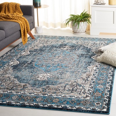 Vintage Blue and Ivory Synthetic 8' x 10' Hand-Knotted Area Rug