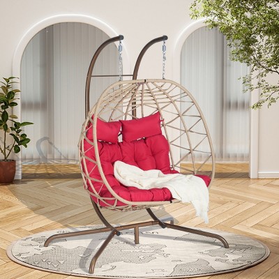 Double Patio Swing Egg Chair With Stand,Wicker Hanging Basket Chair With UV Resistant Cushions,Hammock Chair -Maison Boucle