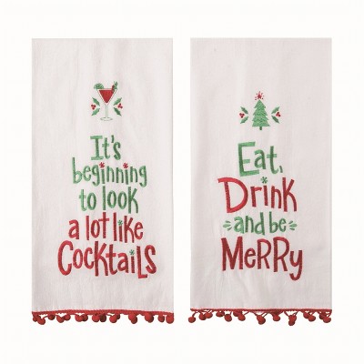 Transpac Cotton White Christmas Merry Tea Towels Set of 2